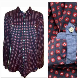 Talbots blue and red geometric floral button Down shirt size 10